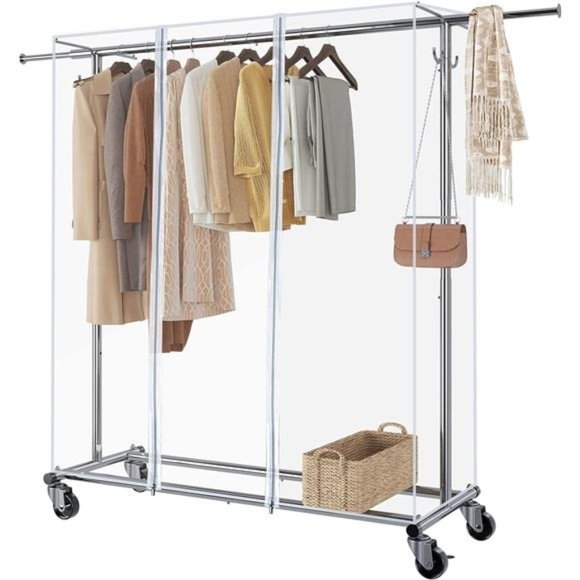 Clothes Rack with Cover, Adjustable Garment Rack with Wheels